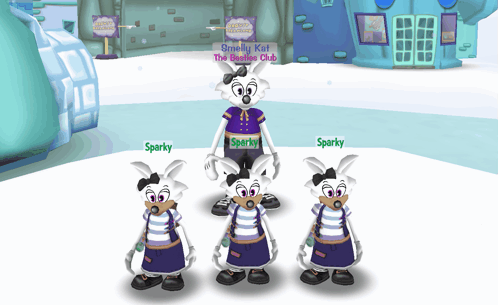 Three Cartoon Characters Named Sparky Are Standing Next To Each Other In Front Of A Building GIF