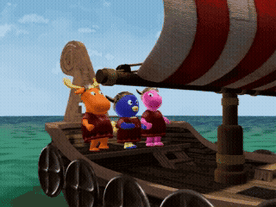 Three Cartoon Characters On A Viking Boat GIF