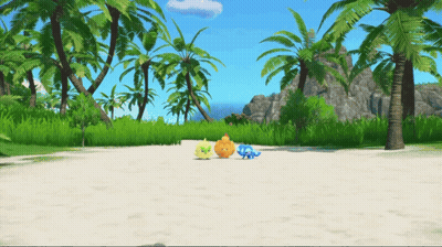 Three Cartoon Characters on Sandy Beach With Palm Trees