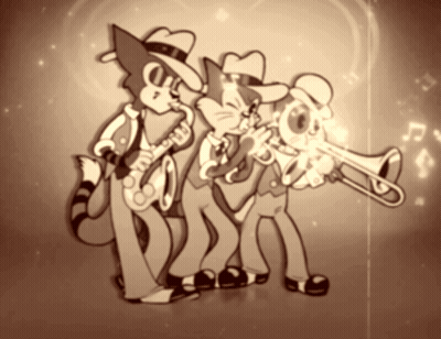 Three Cartoon Characters Playing Instruments Including A Trumpet GIF