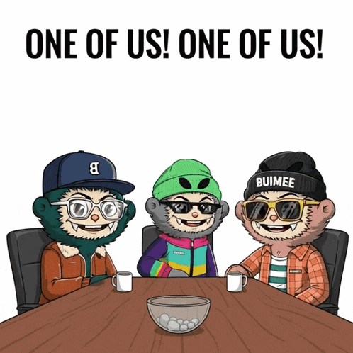 Three Cartoon Characters Saying One Of Us GIF