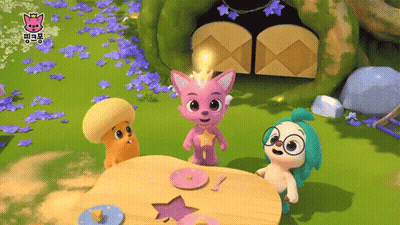 Three Cartoon Characters Sitting At A Table With A Pink Fox Wearing A Crown GIF