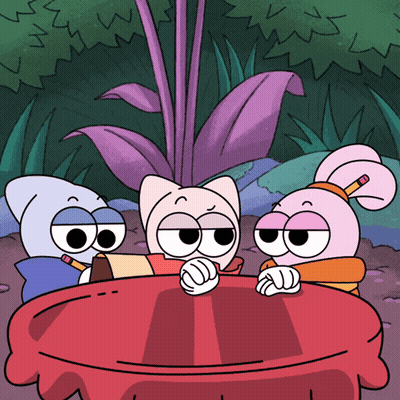Three Cartoon Characters Sitting At Red Table With Plant GIF