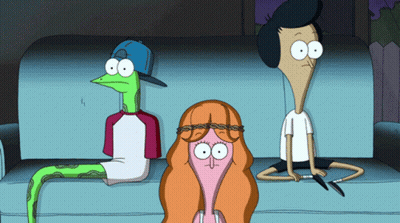 Three Cartoon Characters Sitting On Couch Including Snake And Girl GIF