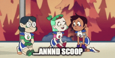 Three Cartoon Characters Sitting Together Annnd Scoop GIF