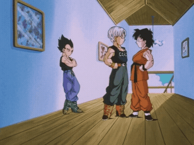 Three Cartoon Characters Standing In A Room And One Has A Shirt That Says Care GIF