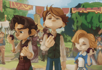 Three Cartoon Characters Standing In Front Of Love Banner GIF
