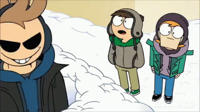 Three Cartoon Characters Standing In Snow One Smiling GIF