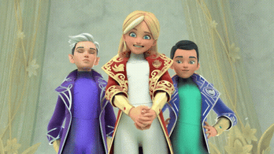 Three Cartoon Characters Standing Next To Each Other GIF
