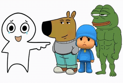 Three Cartoon Characters Standing Next To Each Other Including A Frog GIF