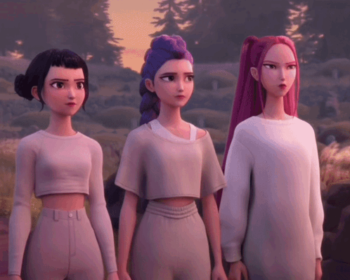 Three Cartoon Characters Standing Next To Each Other GIF