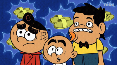 Three Cartoon Characters Standing Next To Each Other With Slippers In The Background And Nick Written On The Bottom GIF