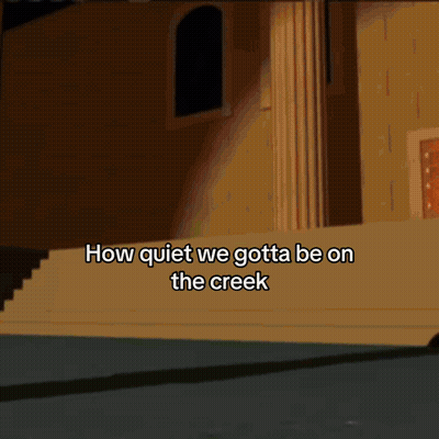 Three Cartoon Characters Standing On A Beach With The Words How Quiet We Gotta Be On The Creek GIF