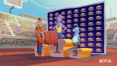 Three Cartoon Characters Standing On A Podium With The Number Three On It GIF