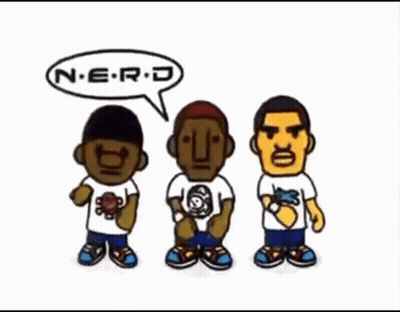 Three Cartoon Characters With A Speech Bubble That Says " Nerd " GIF