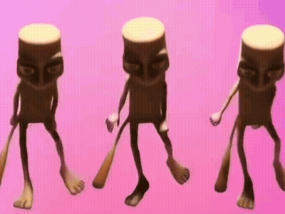 Three Cartoon Characters With Big Eyes Standing GIF