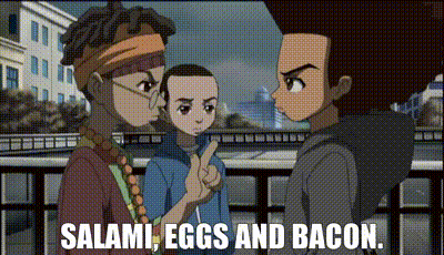 Three Cartoon Characters With Salami Eggs And Bacon GIF