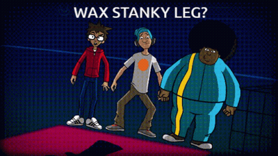 Three Cartoon Characters With Wax Stanky Leg GIF