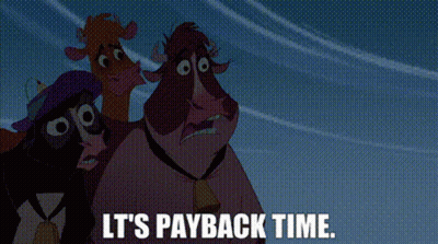 Three Cartoon Cows Saying It's Payback Time GIF