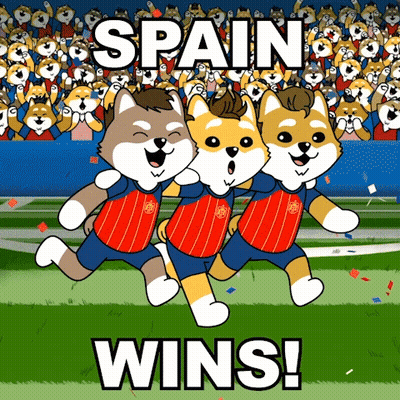 Three Cartoon Dogs Are Running On A Field With The Word Spain In The Background GIF
