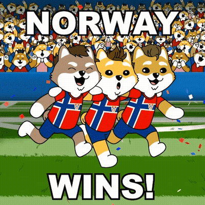 Three Cartoon Dogs Are Running On A Field With The Words Norway Wins In The Background GIF