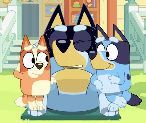 Three Cartoon Dogs Are Standing Next To Each Other And One Has Sunglasses On GIF