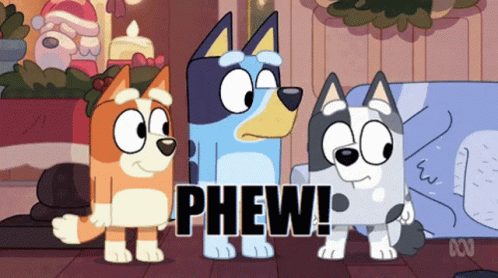 Three Cartoon Dogs Are Standing Next To Each Other And The Word Phew Is On The Bottom Right GIF