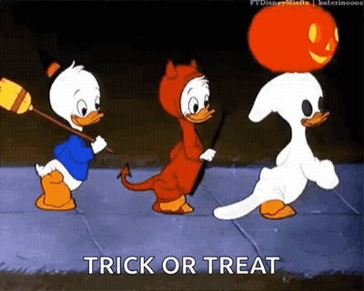 Three Cartoon Ducks In Halloween Costumes Trick Or Treat GIF