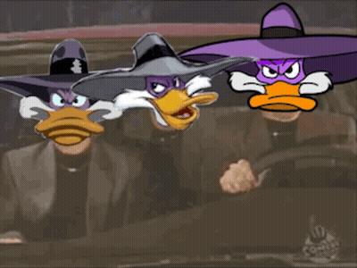 Three Cartoon Ducks In Purple Hats In Car GIF