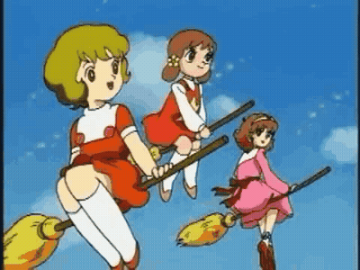 Three Cartoon Girls Flying On Brooms GIF
