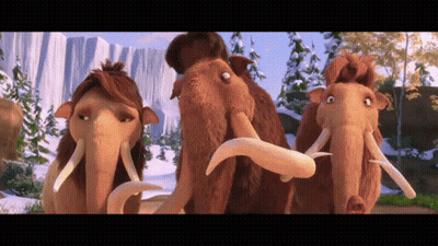Three Cartoon Mammoths Are Standing Next To Each Other In A Snowy Landscape GIF