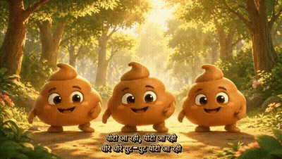 Three Cartoon Poop Characters Are Walking Down A Dirt Path In A Forest GIF