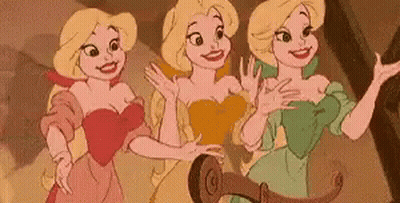 Three Cartoon Princesses Are Standing Next To Each Other In A Room . GIF
