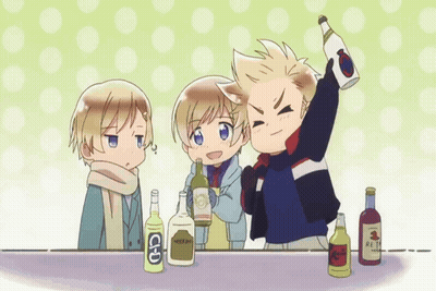 Three Cartoons At Table With Alcohol And Ice Tea GIF
