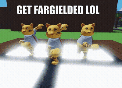 Three Cats Dancing In Front Of Get Fargelded LOL Sign GIF