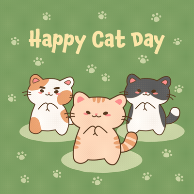 Three Cats On A Green Background With Happy Cat Day Written On It GIF