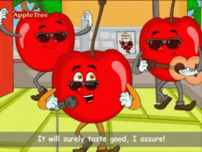 Three Cherries Singing And Playing Guitars Saying It Will Surely Taste Good GIF