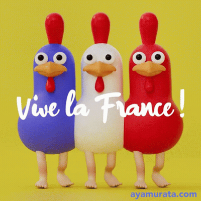 Three Chickens Are Standing Next To Each Other With The Words Vive La France Written On Them GIF