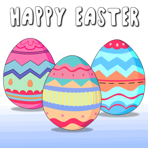 Three Colorful Easter Eggs On A White Background With The Words Happy Easter GIF