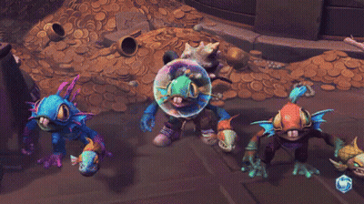 Three Colorful Frogs In Front Of Pile Of Gold Coins GIF