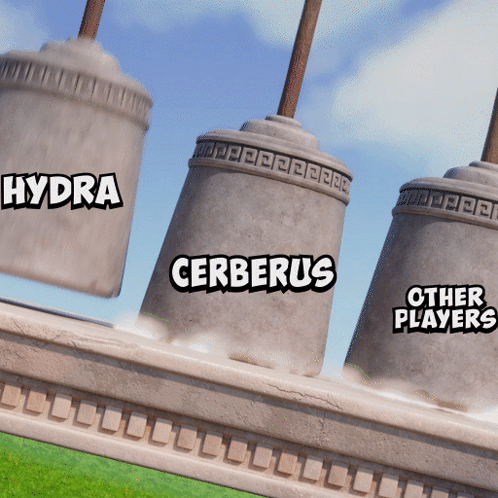 Three Concrete Cylinders With Hydra Cerberus Players GIF