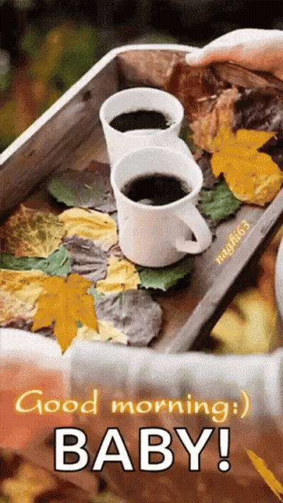 Three Cups Of Coffee On Wooden Tray With Leaves GIF