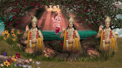 Three Deities In A Field With Flowers GIF