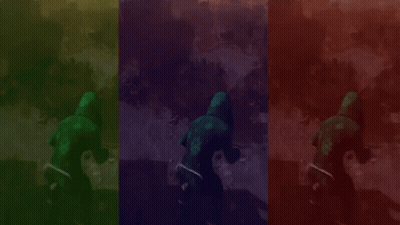 Three Different Colored Backgrounds With A Person In A Green Hoodie In The Middle GIF