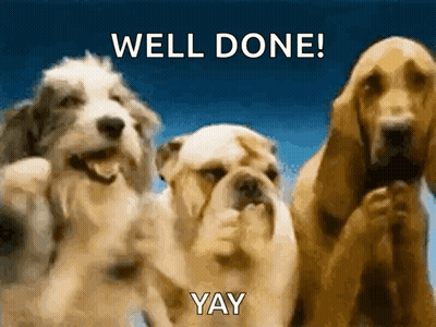 Three Dogs Are Standing Next To Each Other With The Words " Well Done Yay " Written Above Them GIF