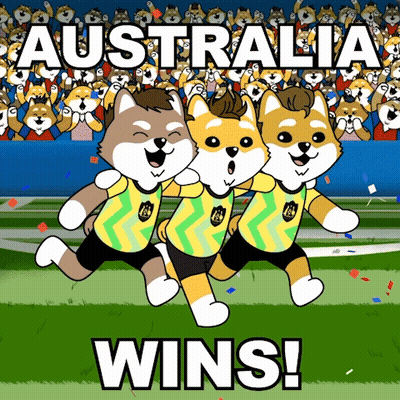 Three Dogs Running On Field Saying Australia Wins GIF