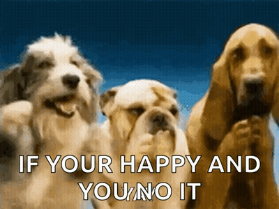 Three Dogs Standing Next To Each Other With The Words If Your Happy And You No It GIF