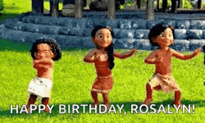 Three Dolls Are Dancing In The Grass With The Words `` Happy Birthday , Rosalyn '' . GIF