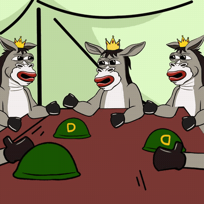 Three Donkeys With Crowns On Their Heads Are Sitting At A Table With Green Helmets With The Letter D On Them GIF