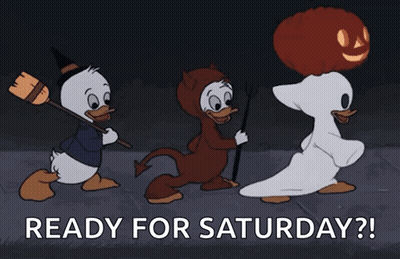 Three Ducks In Halloween Costumes Ready For Saturday GIF